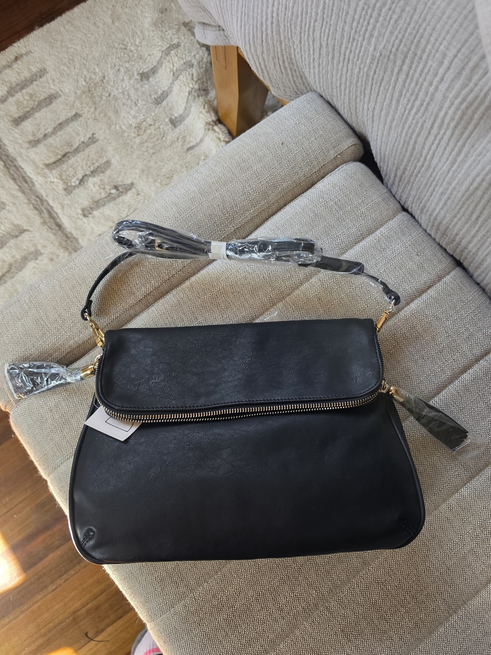 Classic Black Leather Crossbody Bag with Gold Hardware